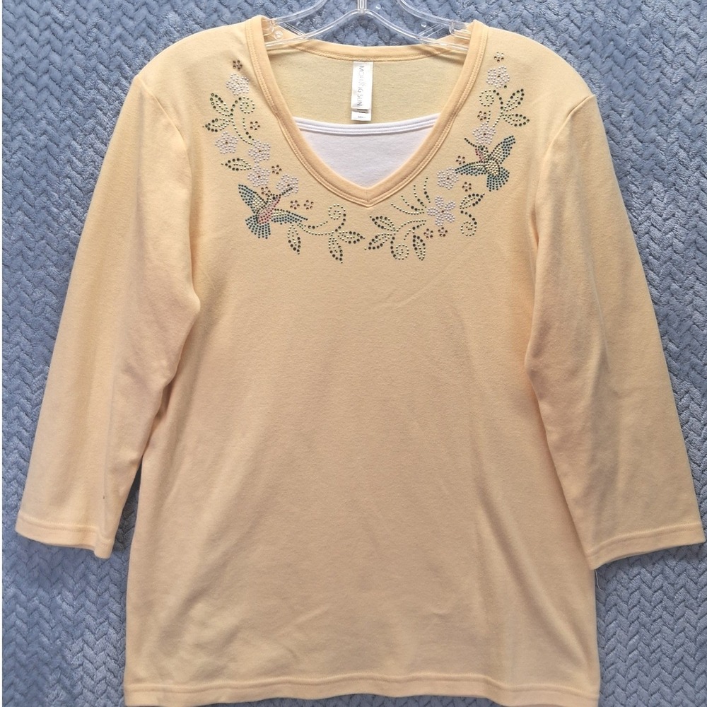 Morning Sun Yellow Hummingbird Floral Beaded V-Neck Sweatshirt Small